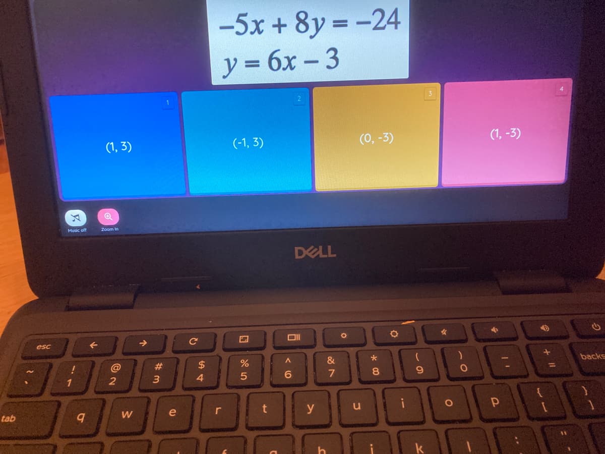 -5x + 8y = -24
%3D
y = 6x – 3
(1, 3)
(-1, 3)
(0, -3)
(1, -3)
Zoom In
DELL
esc
->
@
23
2$
&
backs
%3D
1
3
4
8
e
y
u
tab
