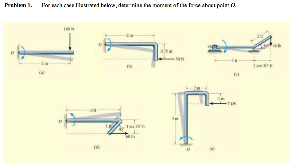 Problem 1.
For each case illustrated below, determine the moment of the force about point O.
100 N
2m
300
40 lb
0.75 m
- 50N
2m
(b)
2 cos 30 ft
(a)
(c)
1m
-7 kN
3ft
m
1 sin 45' ft
60 Ib
(4)
(c)
