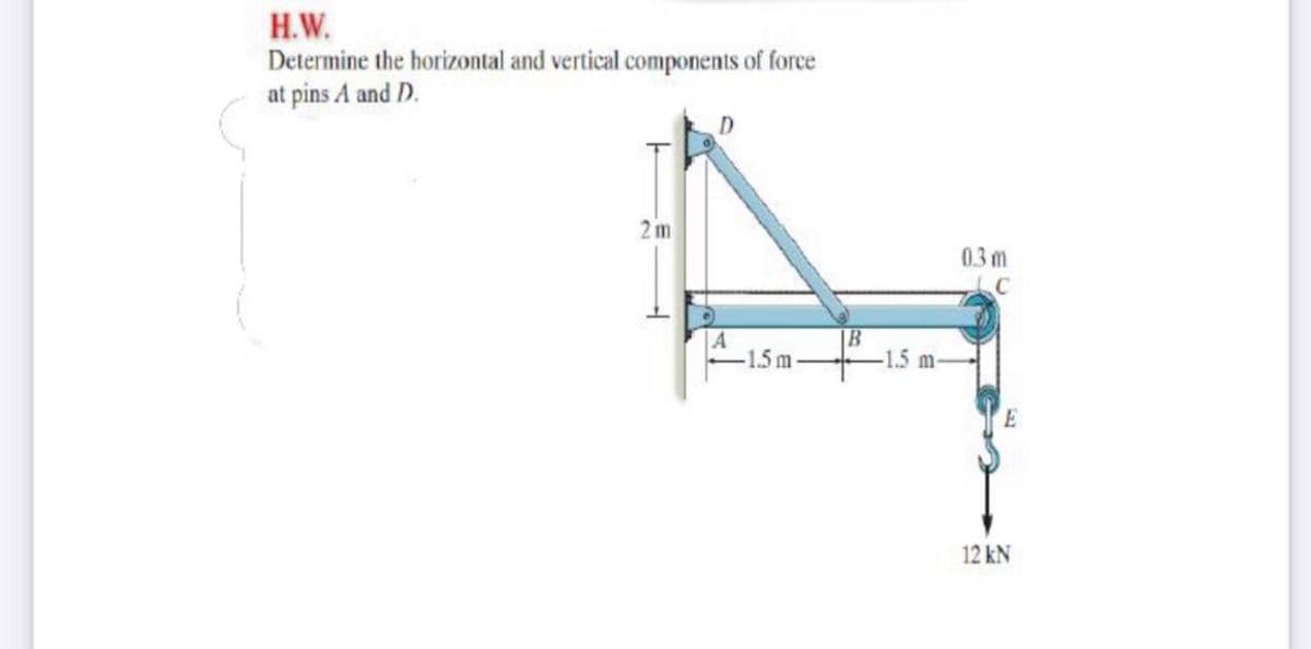 H.W.
Determine the horizontal and vertical components of force
at pins A and D.
2 m
0.3 m
1.5m
-1.5 m
12 kN
