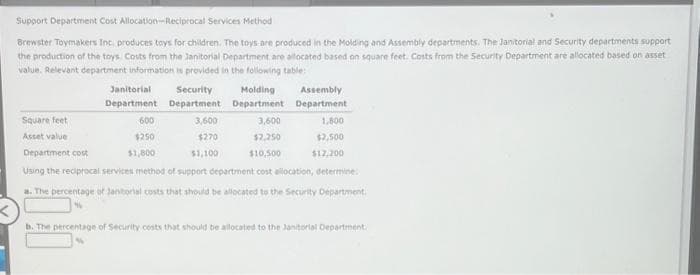 Support Department Cost Allocation-Reciprocal Services Method
Brewster Toymakers Inc. produces toys for children. The toys are produced in the Molding and Assembly departments. The Janitorial and Security departments support
the production of the toys. Costs from the Janitorial Department are allocated based on square feet. Costs from the Security Department are allocated based on asset
value. Relevant department information is provided in the following table:
Janitorial
Department
Security Molding
Department Department
600
$250
$1,800
Square feet
Asset value
Department cost
Using the reciprocal services method of support department cost allocation, determine:
a. The percentage of Janitorial costs that should be allocated to the Security Department.
3,600
$270
$1,100
3,600
$2,250
$10,500
Assembly
Department
1,800
$2,500
$12,200
b. The percentage of Security costs that should be allocated to the Janitorial Department