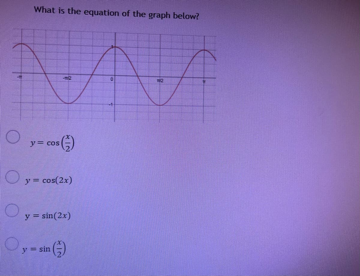 What is the equation of the graph below?
T2
y cos
y = cos(2x)
y = sin(2x)
(€)
y= sin
