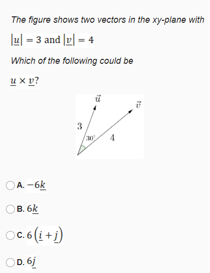 The figure shows two vectors in the xy-plane with
|u|
= 3 and v = 4
Which of the following could be
их у?
3
30
4
OA. -6k
Ов. 6k
OC.6(i + )
OD. 6j
