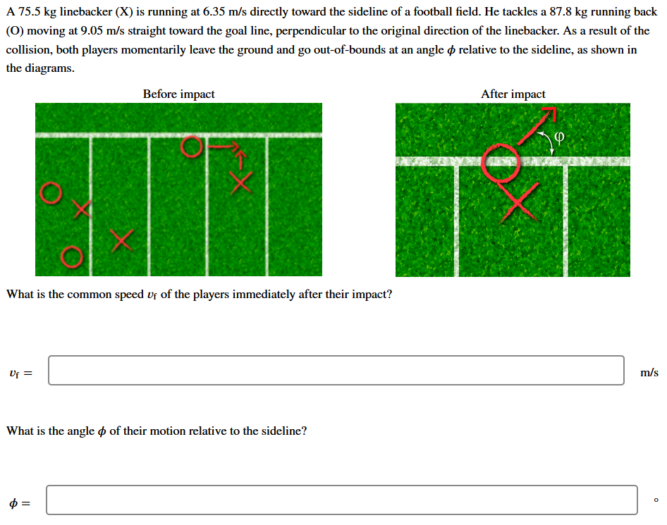 A 75.5 kg linebacker (X) is running at 6.35 m/s directly toward the sideline of a football field. He tackles a 87.8 kg running back
(0) moving at 9.05 m/s straight toward the goal line, perpendicular to the original direction of the linebacker. As a result of the
collision, both players momentarily leave the ground and go out-of-bounds at an angle o relative to the sideline, as shown in
the diagrams.
Before impact
After impact
What is the common speed vf of the players immediately after their impact?
Uf =
m/s
What is the angle ø of their motion relative to the sideline?
||
