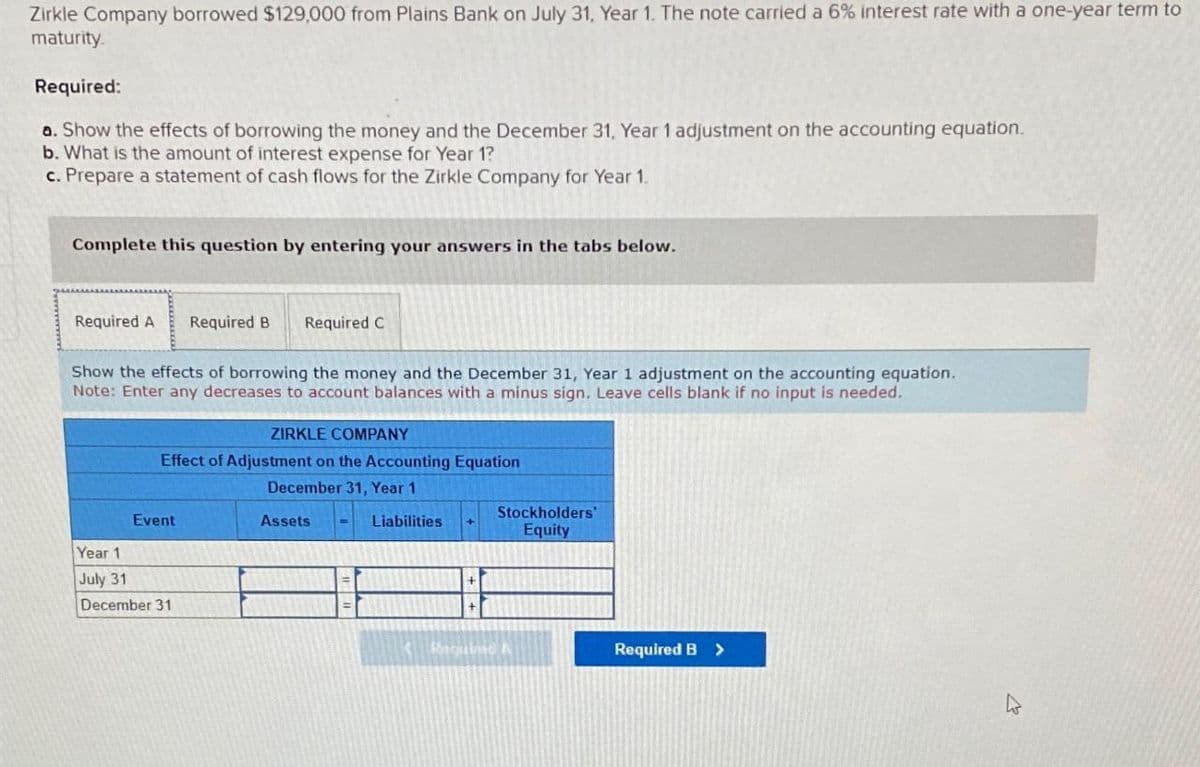 Zirkle Company borrowed $129,000 from Plains Bank on July 31, Year 1. The note carried a 6% interest rate with a one-year term to
maturity
Required:
a. Show the effects of borrowing the money and the December 31, Year 1 adjustment on the accounting equation.
b. What is the amount of interest expense for Year 1?
c. Prepare a statement of cash flows for the Zirkle Company for Year 1.
Complete this question by entering your answers in the tabs below.
Required A Required B
Required C
Show the effects of borrowing the money and the December 31, Year 1 adjustment on the accounting equation.
Note: Enter any decreases to account balances with a minus sign. Leave cells blank if no input is needed.
ZIRKLE COMPANY
Effect of Adjustment on the Accounting Equation
Event
Year 1
July 31
December 31
December 31, Year 1
Assets
Liabilities
Stockholders'
Equity
Raquinad A
Required B >
13