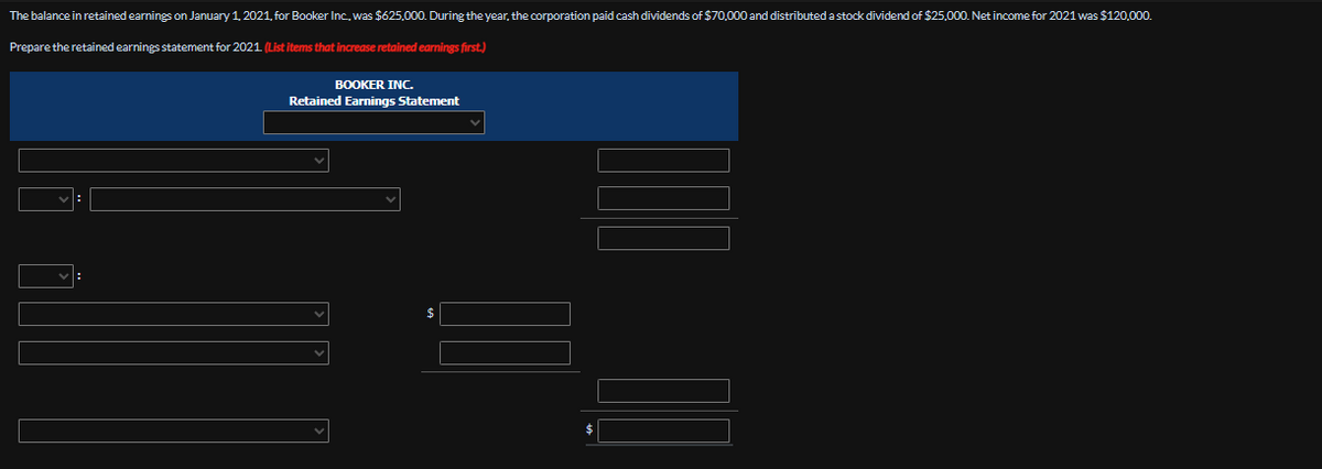 The balance in retained earnings on January 1, 2021, for Booker Inc., was $625,000. During the year, the corporation paid cash dividends of $70,000 and distributed a stock dividend of $25,000. Net income for 2021 was $120,000.
Prepare the retained earnings statement for 2021. (List items that increase retained earnings first.)
BOOKER INC.
Retained Earnings Statement
$