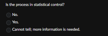 Is the process in statistical control?
No.
Yes.
Cannot tell; more information is needed.