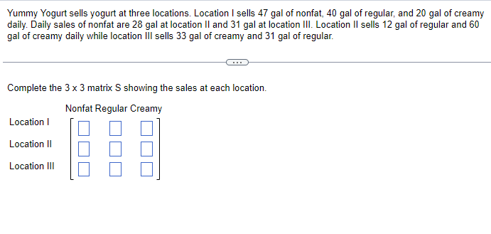 Yummy Yogurt sells yogurt at three locations. Location I sells 47 gal of nonfat, 40 gal of regular, and 20 gal of creamy
daily. Daily sales of nonfat are 28 gal at location II and 31 gal at location III. Location II sells 12 gal of regular and 60
gal of creamy daily while location III sells 33 gal of creamy and 31 gal of regular.
Complete the 3 x 3 matrix S showing the sales at each location.
Nonfat Regular Creamy
Location I
Location II
Location III