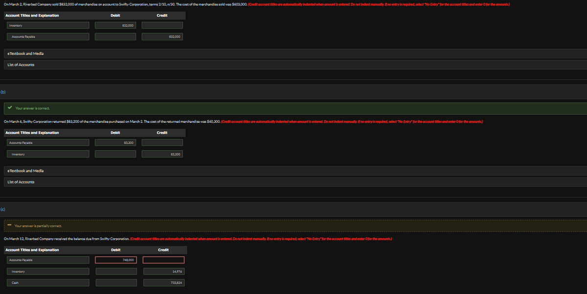 On March 2, Riverbed Company sold $832,000 of merchandise on account to Swifty Corporation, terms 2/10, n/30. The cost of the merchandise sold was $603,000. (Credit account titles are automatically indented when amount is entered. Do not indent manually. If no entry is required, select "No Entry" for the account titles and enter O for the amounts)
Account Titles and Explanation
(b)
Inventory
Accounts Payable
(c)
eTextbook and Media
List of Accounts
✓ Your answer is correct.
Account Titles and Explanation
Accounts Payable
Inventory
On March 6, Swifty Corporation returned $83,200 of the merchandise purchased on March 2. The cost of the returned merchandise was $60,300. (Credit account titles are automatically indented when amount is entered. Do not indent manually. If no entry is required, select "No Entry" for the account titles and enter O for the amounts)
e Textbook and Media
List of Accounts
-------------
- Your answer is partially correct.
Account Titles and Explanation
Accounts Payable
Debit
Inventory
Cash
Debit
832,000
Debit
83.200
On March 12, Riverbed Company received the balance due from Swifty Corporation. (Credit account titles are automatically indented when amount is entered. Do not indent manually. If no entry is required, select "No Entry" for the account titles and enter O for the amounts)
Credit
748,000
832,000
Credit
83.200
Credit
14.976
733.824