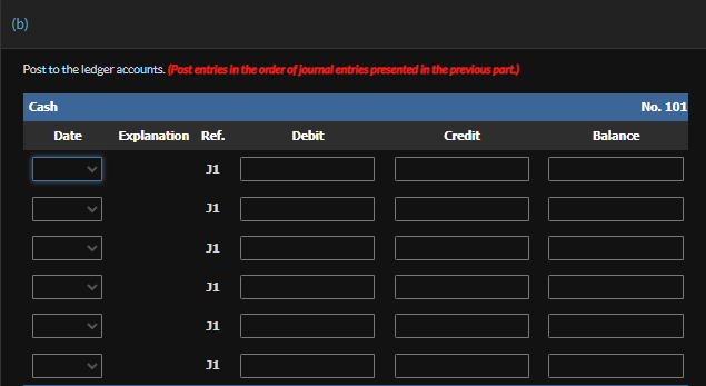 (b)
Post to the ledger accounts. (Post entries in the order of journal entries presented in the previous part.)
Cash
Date
100
Explanation Ref.
J1
J1
J1
J1
J1
J1
Debit
Credit
Balance
No. 101
III