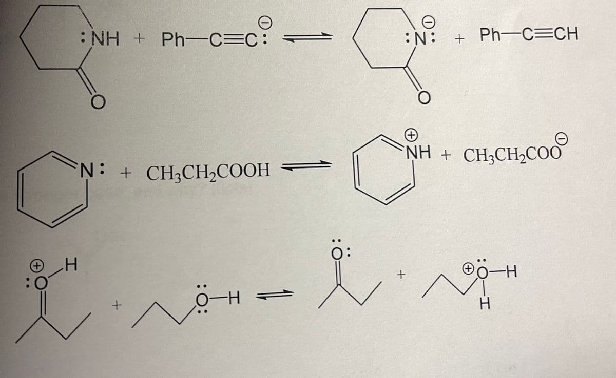 :NH + Ph—C=C:
N: + CH3CH₂COOH →
H
:N: + Ph-C CH
C
t-t
NH + CHỊCH,COO
*O-H
H