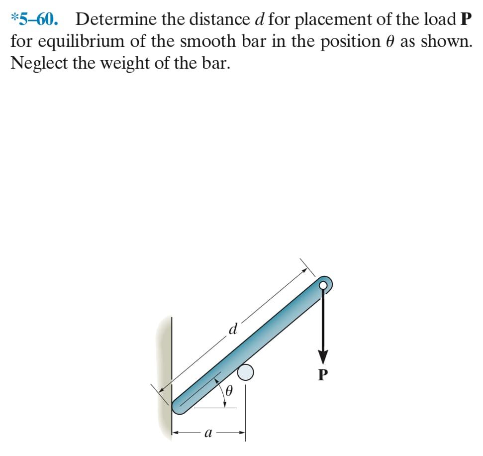 *5-60. Determine the distance d for placement of the load P
for equilibrium of the smooth bar in the position as shown.
Neglect the weight of the bar.
P
