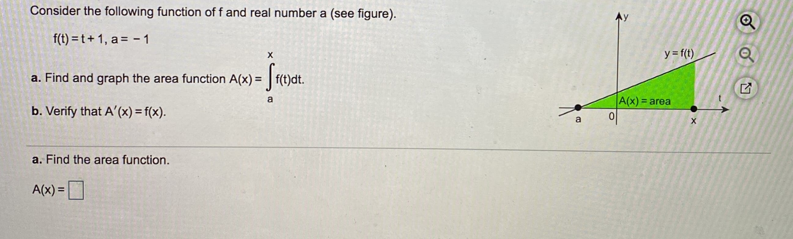 a. Find and graph the area function A(x) = | f(t)dt.
a
