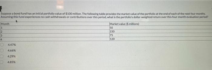 Suppose a bond fund has an initial portfolio value of $100 million. The following table provides the market value of the portfolio at the end of each of the next four months
Assuming this fund experiences no cash withdrawals or contributions over this period, what is the portfolio's dollar-weighted return over this four-month evaluation periad?
Month
Market value ($ millions)
50
150
75
120
O447%
4.66%
4.29%
O4.85%
