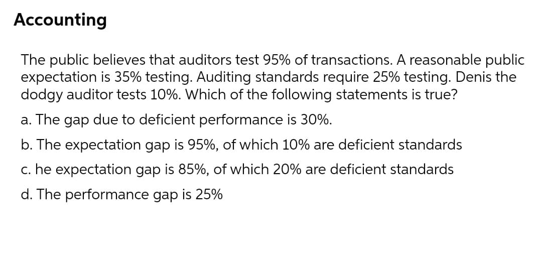 Accounting
The public believes that auditors test 95% of transactions. A reasonable public
expectation is 35% testing. Auditing standards require 25% testing. Denis the
dodgy auditor tests 10%. Which of the following statements is true?
a. The gap due to deficient performance is 30%.
b. The expectation gap is 95%, of which 10% are deficient standards
c. he expectation gap is 85%, of which 20% are deficient standards
d. The performance gap is 25%
