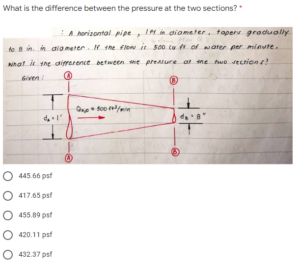 What is the difference between the pressure at the two sections? *
:A horizontal pipe ,
I P4 in diameter, taperv gradually
to 8 in. in dia meter. If the flow ir 500 cu f4 of water per minute,
what i the difference between the presure at the
two sections?
Given :
Quyo ® 500 ft³/min
do 8"
O 445.66 psf
O 417.65 psf
O 455.89 psf
O 420.11 psf
O 432.37 psf
