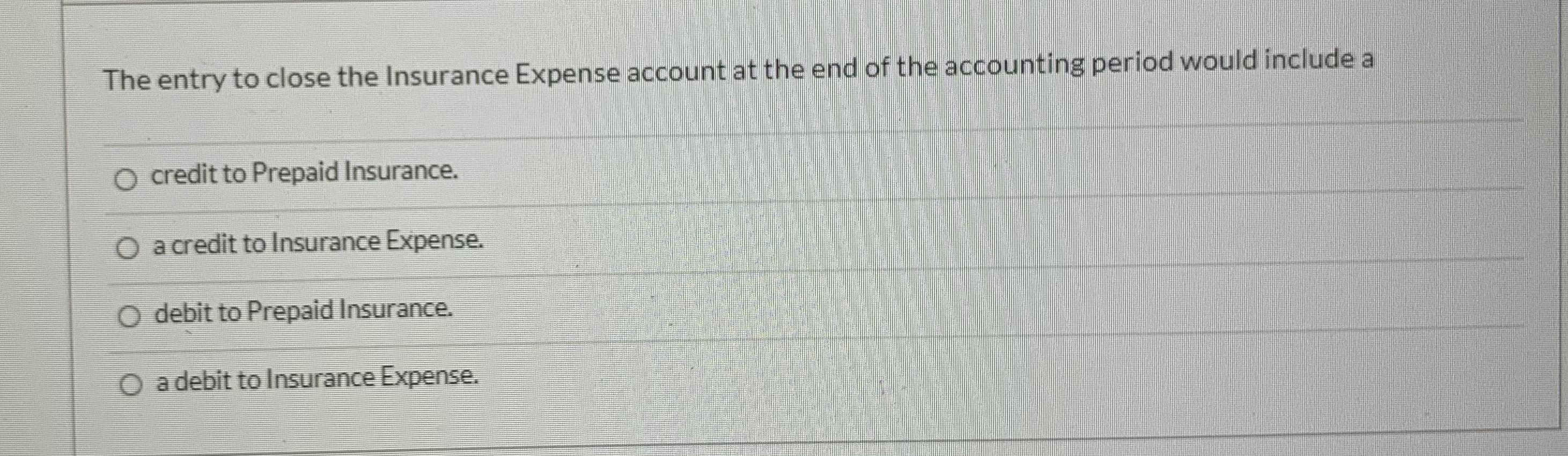 The entry to close the Insurance Expense account at the end of the accounting period would include a
O credit to Prepaid Insurance.
O a credit to Insurance Expense.
O debit to Prepaid Insurance.
O a debit to Insurance Expense.
