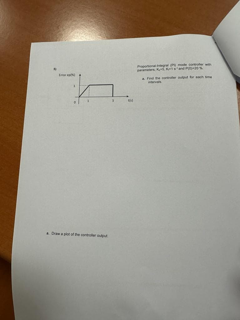 5)
Error ep (%)
h
1
1
a. Draw a plot of the controller output.
3
t(s)
Proportional-Integral (PI) mode controller with
parameters; K₂=5, K-1 s¹ and P(0)=20 %.
a. Find the controller output for each time.
intervals.