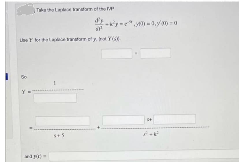 Take the Laplace transform of the IVP
d'y
dt²
Use Y for the Laplace transform of y, (not Y(s)).
So
Y =
11
and y(t) =
1
s+5
+ k²y = est ,y(0) = 0, y (0) = 0
11
S+
s²+k²