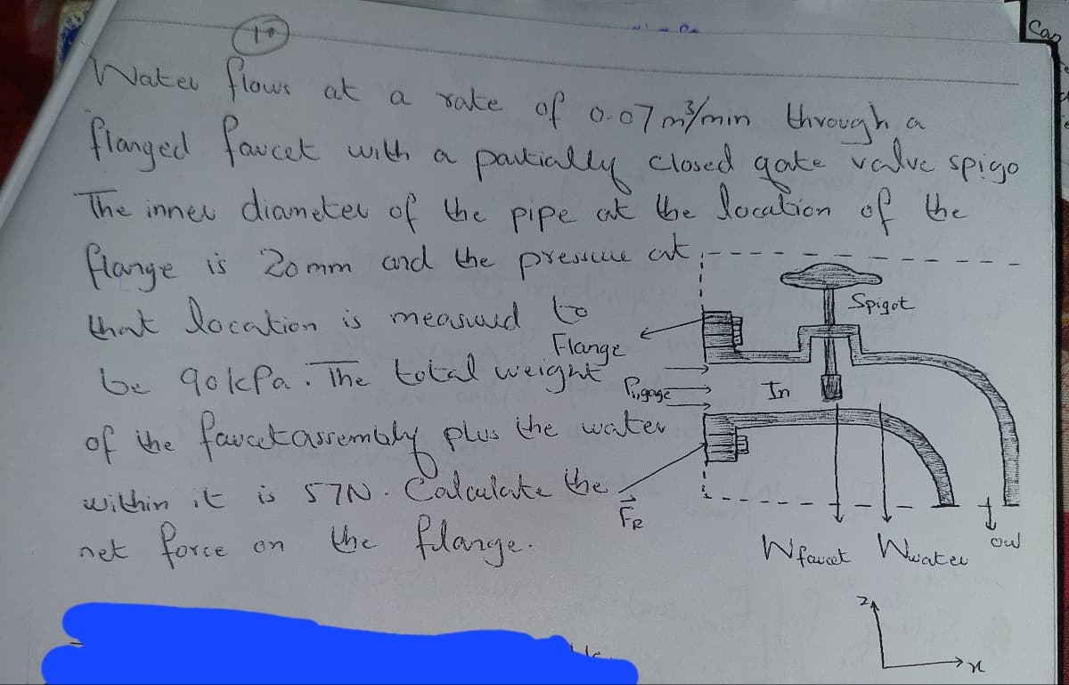 Can
Water lows at
a vake of o.07m/min through
pautially closed gate valve spigo
The inneu diameter of he pipe at be loalian ol be
Cん
flanged favcet wit a
lange is 2omm and the pxesse aut
Spigot
thnt location is measued to
Flange
be 90kPa. The tolal weignt
In
of the faveetaurombly plus the water
within it is 57N. Calculoute be
Fe
ーっdk force
the flanye.
Wfouvat Wuates
