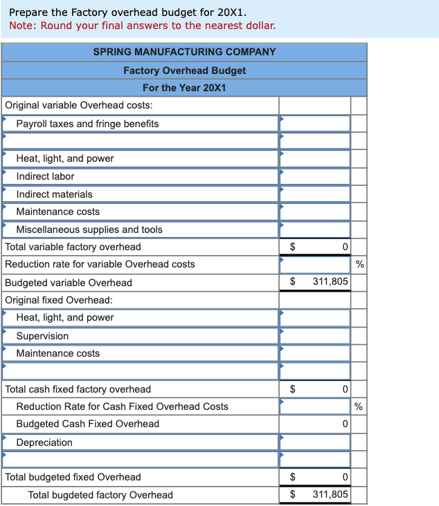 Prepare the Factory overhead budget for 20X1.
Note: Round your final answers to the nearest dollar.
SPRING MANUFACTURING COMPANY
Factory Overhead Budget
For the Year 20X1
Original variable Overhead costs:
Payroll taxes and fringe benefits
Heat, light, and power
Indirect labor
Indirect materials
Maintenance costs
Miscellaneous supplies and tools
Total variable factory overhead
0
Reduction rate for variable Overhead costs
%
Budgeted variable Overhead
$
311,805
Original fixed Overhead:
Heat, light, and power
Supervision
Maintenance costs
Total cash fixed factory overhead
$
0
Reduction Rate for Cash Fixed Overhead Costs
%
Budgeted Cash Fixed Overhead
0
Depreciation
Total budgeted fixed Overhead
$
0
Total bugdeted factory Overhead
$
311,805