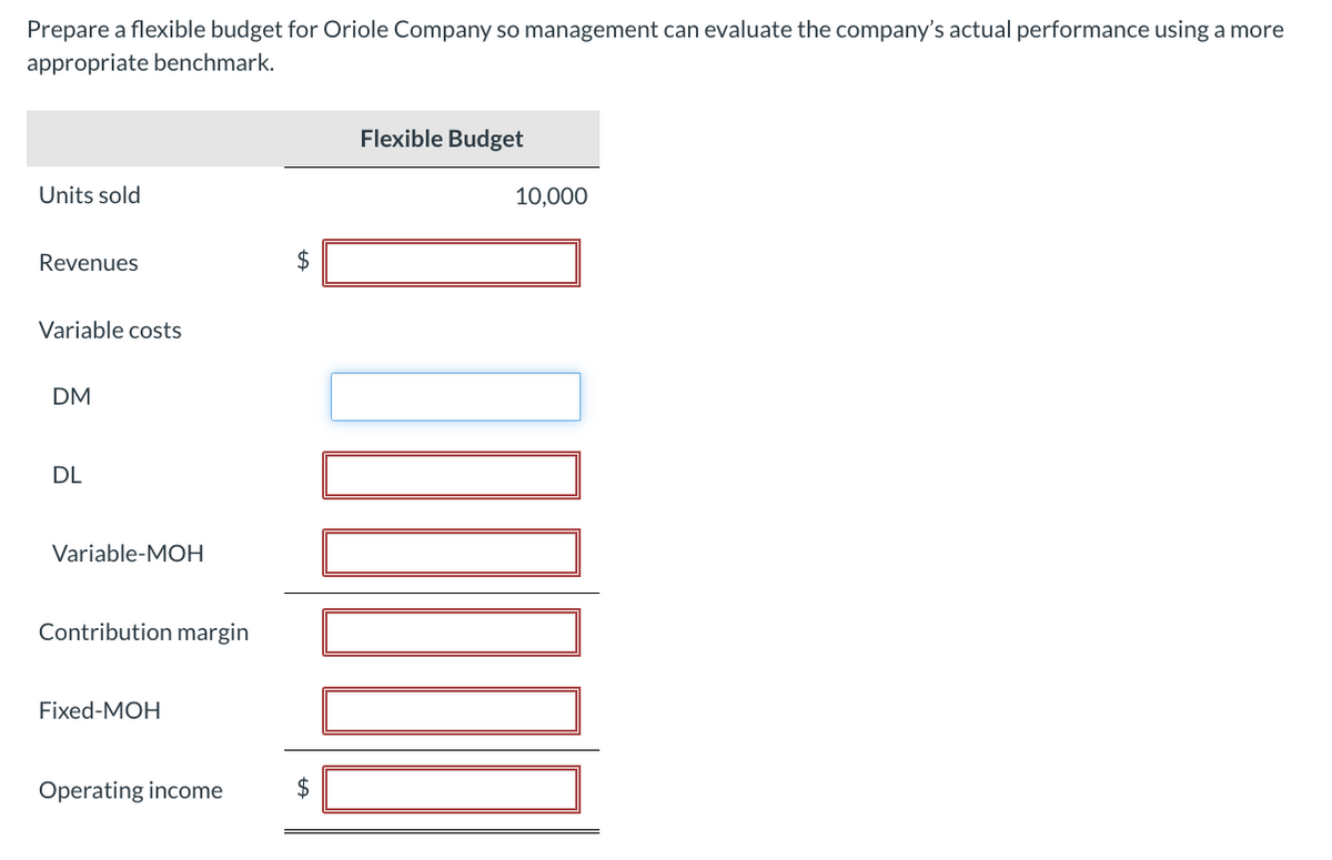 Prepare a flexible budget for Oriole Company so management can evaluate the company's actual performance using a more
appropriate benchmark.
Units sold
Revenues
Variable costs
DM
DL
Variable-MOH
Contribution margin
Fixed-MOH
Operating income
$
$
Flexible Budget
10,000
1000