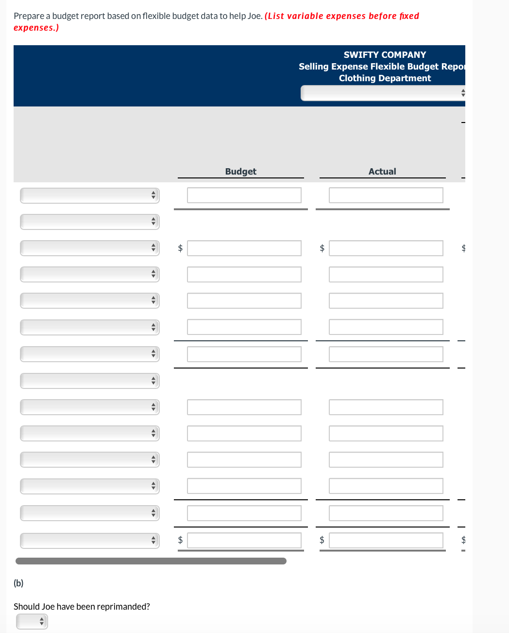 Prepare a budget report based on flexible budget data to help Joe. (List variable expenses before fixed
expenses.)
SWIFTY COMPANY
Selling Expense Flexible Budget Repor
Clothing Department
Budget
Actual
$
$
$
$
2$
$
(b)
Should Joe have been reprimanded?
