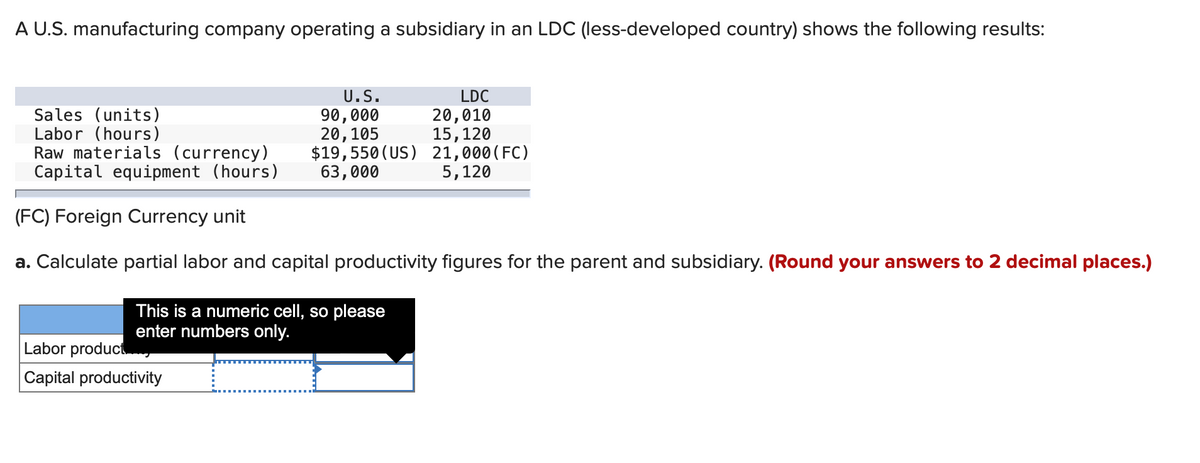 A U.S. manufacturing company operating a subsidiary in an LDC (less-developed country) shows the following results:
U.S.
90,000
20, 105
$19,550 (US)
63,000
Sales (units)
Labor (hours)
Raw materials (currency)
Capital equipment (hours)
(FC) Foreign Currency unit
a. Calculate partial labor and capital productivity figures for the parent and subsidiary. (Round your answers to 2 decimal places.)
This is a numeric cell, so please
enter numbers only.
Labor product
Capital productivity
LDC
20,010
15, 120
21,000 (FC)
5,120