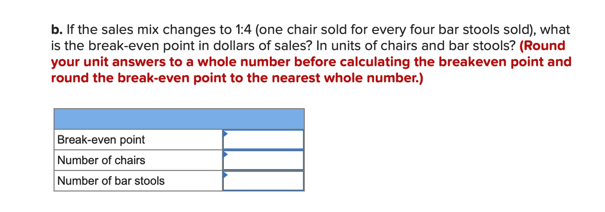 b. If the sales mix changes to 1:4 (one chair sold for every four bar stools sold), what
is the break-even point in dollars of sales? In units of chairs and bar stools? (Round
your unit answers to a whole number before calculating the breakeven point and
round the break-even point to the nearest whole number.)
Break-even point
Number of chairs
Number of bar stools