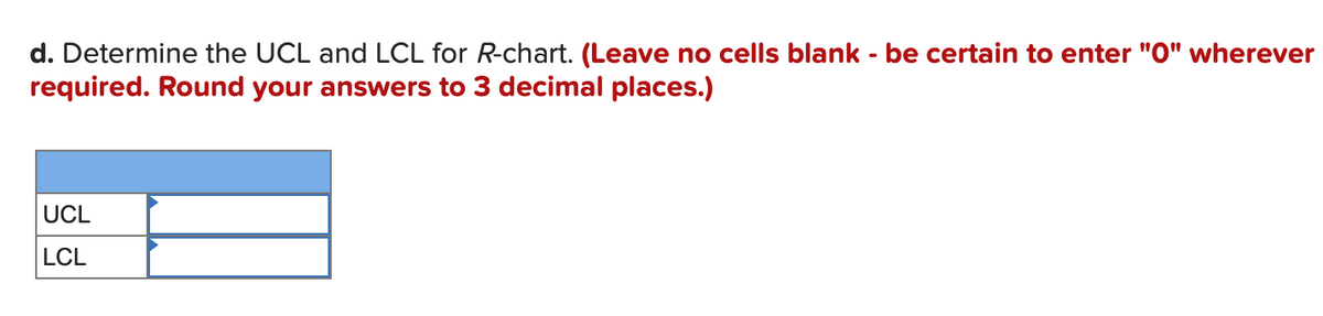 d. Determine the UCL and LCL for R-chart. (Leave no cells blank - be certain to enter "0" wherever
required. Round your answers to 3 decimal places.)
UCL
LCL