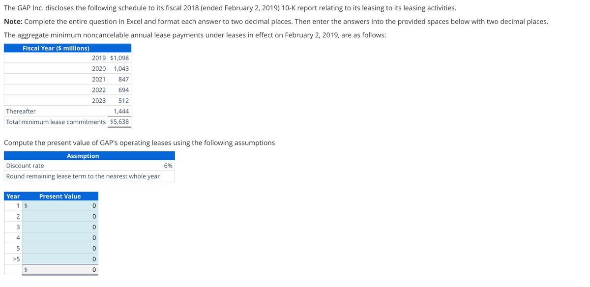 The GAP Inc. discloses the following schedule to its fiscal 2018 (ended February 2, 2019) 10-K report relating to its leasing to its leasing activities.
Note: Complete the entire question in Excel and format each answer to two decimal places. Then enter the answers into the provided spaces below with two decimal places.
The aggregate minimum noncancelable annual lease payments under leases in effect on February 2, 2019, are as follows:
Fiscal Year ($ millions)
2019 $1,098
2020 1,043
2021
847
2022
694
2023
512
Thereafter
Total minimum lease commitments $5,638
1,444
Compute the present value of GAP's operating leases using the following assumptions
Assmption
Discount rate
Round remaining lease term to the nearest whole year
Year
Present Value
1 $
0
2
0
3
0
4
0
5
0
>5
0
$
0
6%