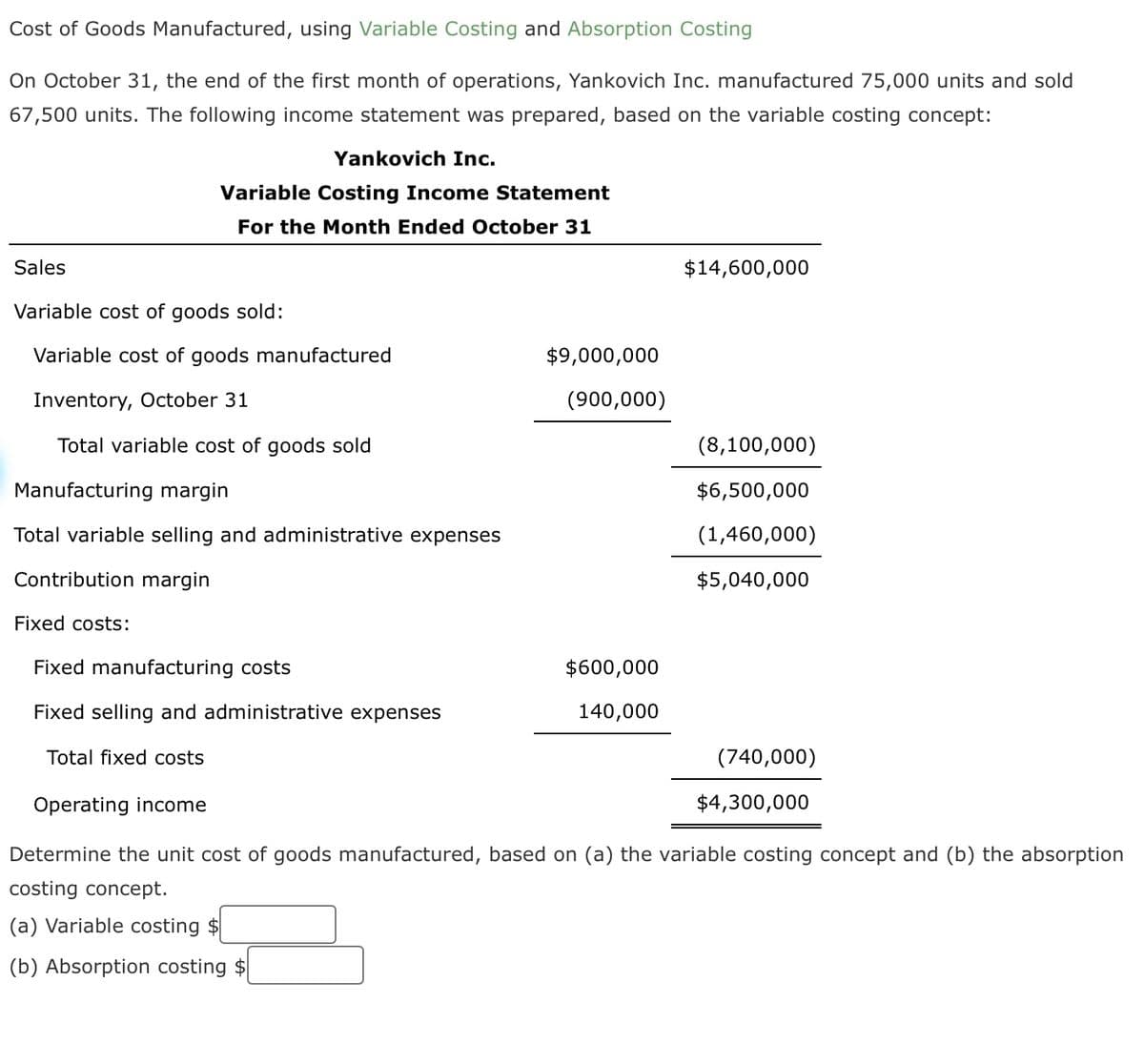 Cost of Goods Manufactured, using Variable Costing and Absorption Costing
On October 31, the end of the first month of operations, Yankovich Inc. manufactured 75,000 units and sold
67,500 units. The following income statement was prepared, based on the variable costing concept:
Yankovich Inc.
Variable Costing Income Statement
For the Month Ended October 31
Sales
Variable cost of goods sold:
Variable cost of goods manufactured
Inventory, October 31
Total variable cost of goods sold
Manufacturing margin
Total variable selling and administrative expenses
Contribution margin
Fixed costs:
Fixed manufacturing costs
Fixed selling and administrative expenses
Total fixed costs
$9,000,000
(900,000)
$600,000
140,000
$14,600,000
(8,100,000)
$6,500,000
(1,460,000)
$5,040,000
(740,000)
$4,300,000
Operating income
Determine the unit cost of goods manufactured, based on (a) the variable costing concept and (b) the absorption
costing concept.
(a) Variable costing $
(b) Absorption costing $