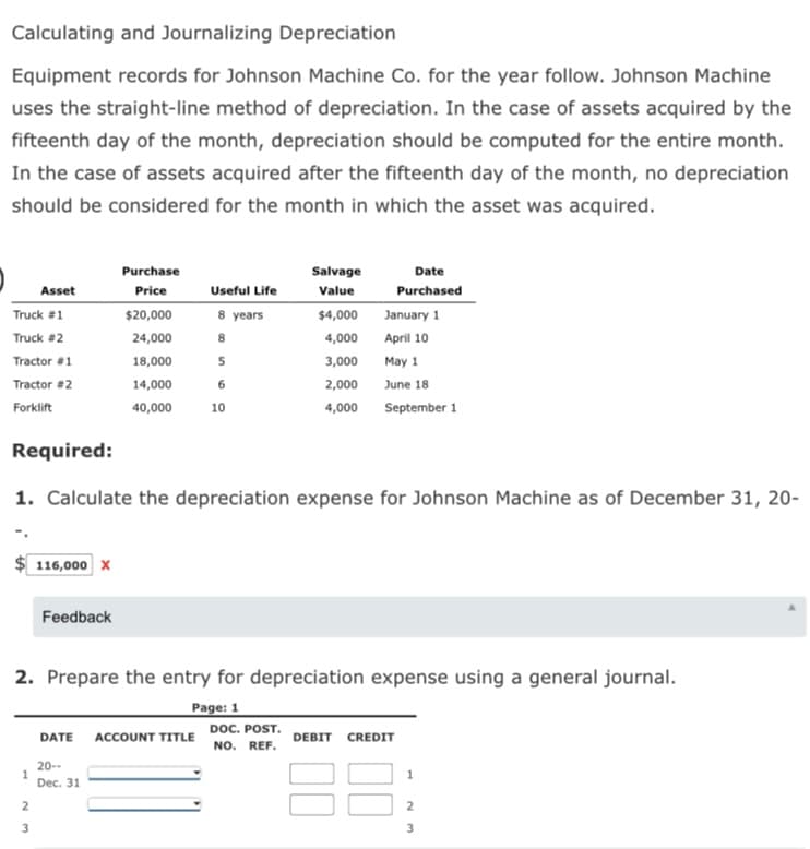 Calculating and Journalizing Depreciation
Equipment records for Johnson Machine Co. for the year follow. Johnson Machine
uses the straight-line method of depreciation. In the case of assets acquired by the
fifteenth day of the month, depreciation should be computed for the entire month.
In the case of assets acquired after the fifteenth day of the month, no depreciation
should be considered for the month in which the asset was acquired.
Purchase
Salvage
Date
Asset
Price
Useful Life
Value
Purchased
8 years
January 1
Truck #1
$20,000
$4,000
Truck #2
24,000
8
4,000
April 10
Tractor #1
18,000
3,000
Мay 1
Tractor #2
14,000
6
2,000
June 18
Forklift
40,000
10
4,000
September 1
Required:
1. Calculate the depreciation expense for Johnson Machine as of December 31, 20-
116,000 x
Feedback
2. Prepare the entry for depreciation expense using a general journal.
Page: 1
DOC. POST.
NO. REF.
DATE
ACCOUNT TITLE
DEBIT
CREDIT
20--
Dec. 31
2
3
