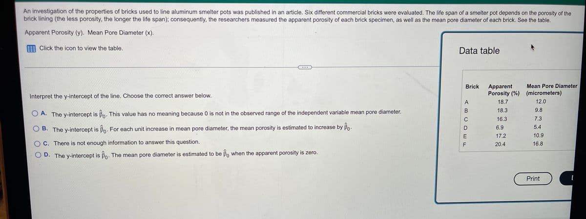 An investigation of the properties of bricks used to line aluminum smelter pots was published in an article. Six different commercial bricks were evaluated. The life span of a smelter pot depends on the porosity of the
brick lining (the less porosity, the longer the life span); consequently, the researchers measured the apparent porosity of each brick specimen, as well as the mean pore diameter of each brick. See the table.
Apparent Porosity (y). Mean Pore Diameter (x).
Click the icon to view the table.
Data table
Mean Pore Diameter
Apparent
Porosity (%) (micrometers)
Brick
Interpret the y-intercept of the line. Choose the correct answer below.
18.7
12.0
В
18.3
9.8
O A. The y-intercept is Bo- This value has no meaning because 0 is not in the observed range of the independent variable mean pore diameter.
16.3
7.3
6.9
5.4
O B. The y-intercept is Bo: For each unit increase in mean pore diameter, the mean porosity is estimated to increase by B0-
17.2
10.9
O C. There is not enough information to answer this question.
20.4
16.8
O D. The y-intercept is Bo- The mean pore diameter is estimated to be Bo when the apparent porosity is zero.
Print
A BC DEF
