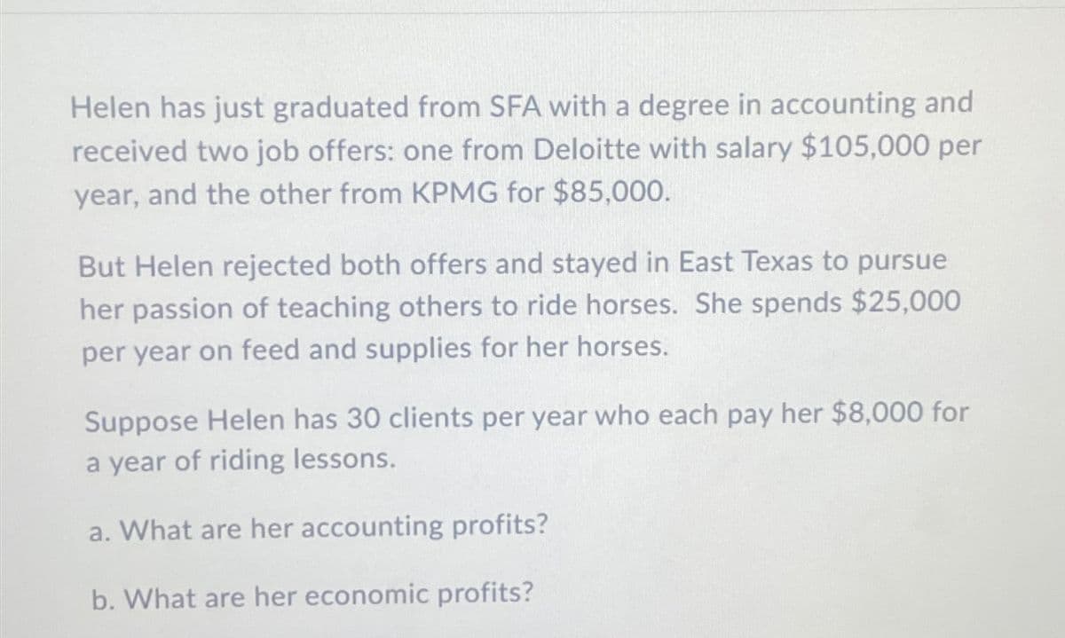 Helen has just graduated from SFA with a degree in accounting and
received two job offers: one from Deloitte with salary $105,000 per
year, and the other from KPMG for $85,000.
But Helen rejected both offers and stayed in East Texas to pursue
her passion of teaching others to ride horses. She spends $25,000
per year on feed and supplies for her horses.
Suppose Helen has 30 clients per year who each pay her $8,000 for
a year of riding lessons.
a. What are her accounting profits?
b. What are her economic profits?