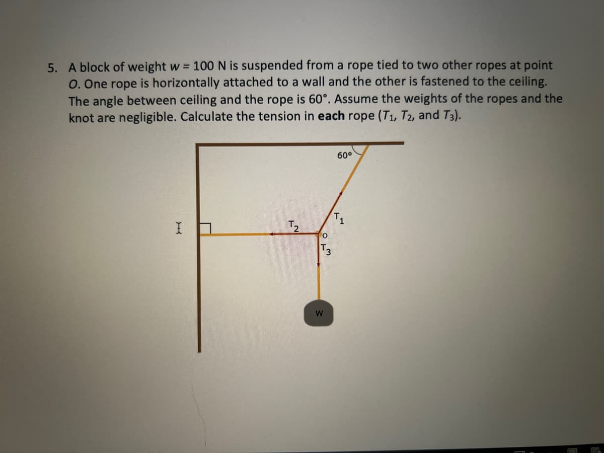 5. A block of weight w = 100 N is suspended from a rope tied to two other ropes at point
O. One rope is horizontally attached to a wall and the other is fastened to the ceiling.
The angle between ceiling and the rope is 60°. Assume the weights of the ropes and the
knot are negligible. Calculate the tension in each rope (T₁, T2, and T3).
I
T2
0
T3
W
60°
E