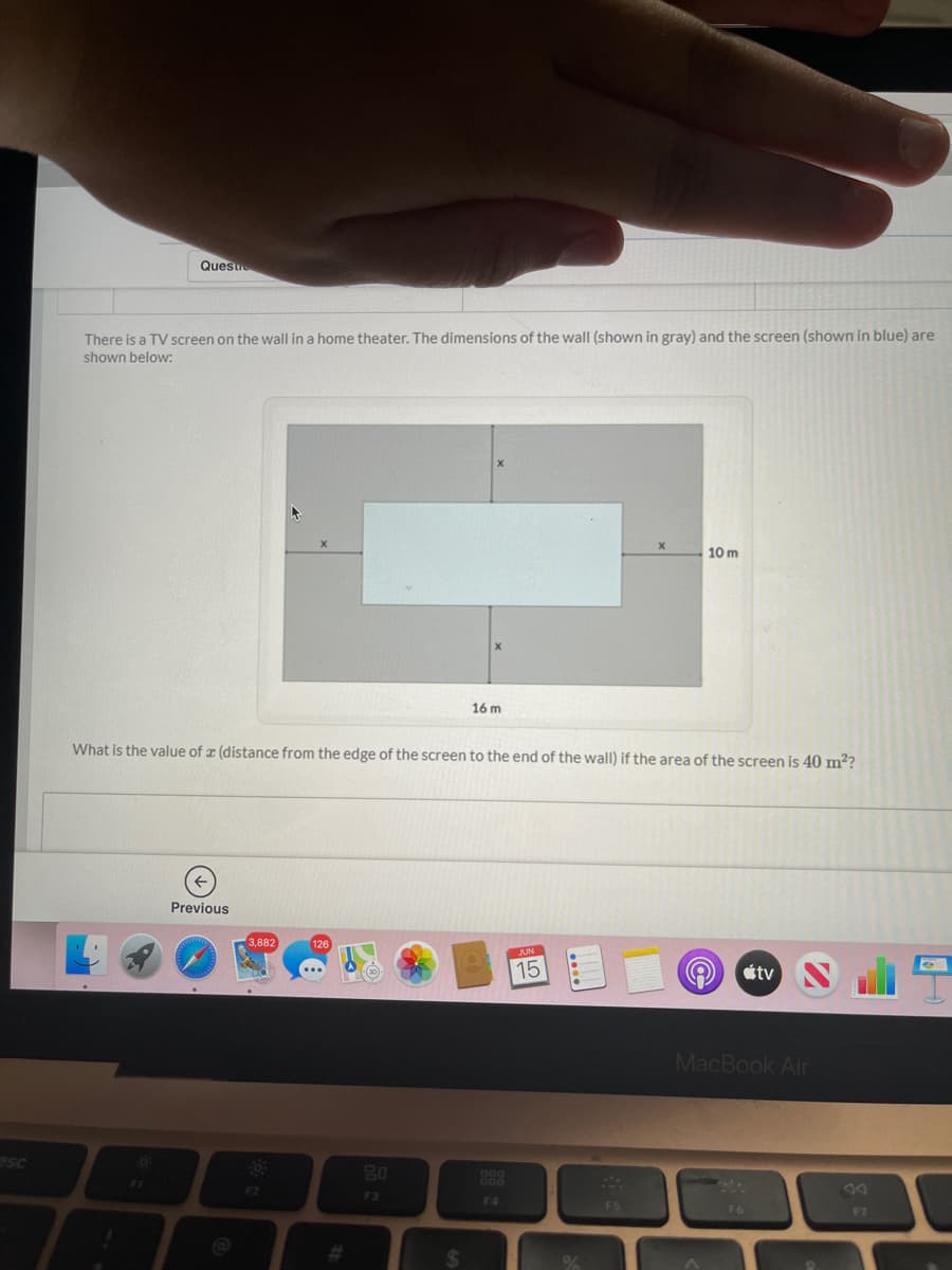 ### Problem Statement

There is a TV screen on the wall in a home theater. The dimensions of the wall (shown in gray) and the screen (shown in blue) are shown below:

#### Diagram Description:
- The wall has a rectangular shape.
- The total width of the wall is 16 meters.
- The total height of the wall is 10 meters.
- The TV screen is placed centrally on the wall.
- The distance from each edge of the TV screen to the respective edge of the wall is marked as \(x\).

### Question:
What is the value of \(x\) (the distance from the edge of the screen to the end of the wall) if the area of the screen is 40 m²?

\[
\text{Wall Dimensions:}
\begin{aligned}
  \text{Width} &= 16 \text{ m}\\
  \text{Height} &= 10 \text{ m}
\end{aligned}
\]

\[
\text{Screen Area:}
\begin{aligned}
  \text{Area} &= 40 \text{ m}^2
\end{aligned}
\]

### Solution:

To find the value of \(x\), we will follow these steps:

1. Express the area of the screen in terms of the dimensions of the wall and \(x\).
2. Use the given area of the screen to set up an equation and solve for \(x\).