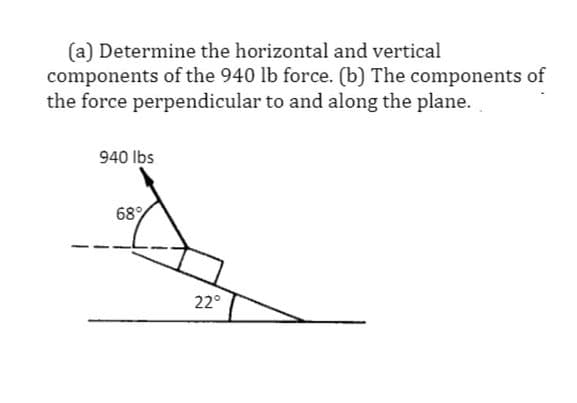 (a) Determine the horizontal and vertical
components of the 940 lb force. (b) The components of
the force perpendicular to and along the plane.
940 lbs
68%
22°