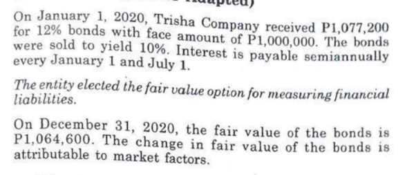 On January 1, 2020, Trisha Company received P1,077,200
for 12% bonds with face amount of P1,000,000. The bonds
were sold to yield 10%. Interest is payable semiannually
every January 1 and July 1.
The entity elected the fair value option for measuring financial
liabilities.
On December 31, 2020, the fair value of the bonds is
P1,064,600. The change in fair value of the bonds is
attributable to market factors.
