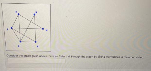 Consider the graph given above. Give an Euler trail through the graph by listing the vertices in the order visited.
