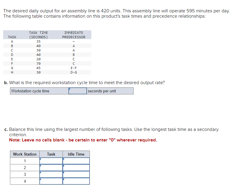 The desired daily output for an assembly line is 420 units. This assembly line will operate 595 minutes per day.
The following table contains information on this product's task times and precedence relationships:
TASK
A
B
C
D
E
F
H
TASK TIME
(SECONDS)
35
40
30
40
20
70
45
30
IMMEDIATE
PREDECESSOR
Work Station
1
2
3
4
A
A
B
с
b. What is the required workstation cycle time to meet the desired output rate?
Workstation cycle time
seconds per unit
Task
с
E-F
D-G
c. Balance this line using the largest number of following tasks. Use the longest task time as a secondary
criterion.
Note: Leave no cells blank - be certain to enter "0" wherever required.
Idle Time