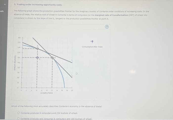 Dols
5. Trading under increasing opportunity costs
The following graph shows the production possibilities frontier for the imaginary country of Contente under conditions of increasing costs. In the
absence of trade, the relative cost of wheat in Contente in terms of computers (or the marginal rate of transformation (MRT) of wheat into
computers) is shown by the slope of line fi, tangent to the production possibilities frontier at point A.
WHEAT (Bushels
3001
210
240
310
180
150
120
00
60
R
0:0
20 2
4
12 14
4 10
COMPUTERS
10
16
20
Consumption After Trade
Which of the following most accurately describes Contente's economy in the absence of trade?
Contente produces 6 computers and 234 bushels of wheat.
O contente araduces and consumes 6 computers and 100 bushels of wheat.