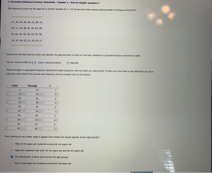 7. Gravetter/Wallnau/Forzano, Essentials - Chapter 2- End-of-chapter question 7
The following scores are the ages for a random sample of n = 32 drivers who were issued parking tickets in Chicago during 2015.
57, 30, 45, 59, 39, 53, 28, 19,
34, 21, 34, 38, 52, 29, 64, 39,
22, 44, 46, 26, 56, 20, 33, 58,
32, 25, 48, 22, 51, 26, 63, 51
Determine the best interval width and identify the approximate number of intervals needed for a grouped frequency distribution table.
Use an interval width of 5
years, requiring about 10 intervals.
Place the ages in a grouped frequency distribution table using the interval width you determined. If there are more rows in the table than you have
Intervals, leave blank the bounds and frequency of any unused rows at the bottom.
From
15
20
25
30
35
40
45
50
55
60
Through
20
26
30
35
40
45
50
55
60
65
f
1
4
6
6
3
1
3
4
2
From looking at your table, does it appear that tickets are issued equally across age groups?
Most of the ages are clustered around 40-44 years old.
O Ages are clustered near both 20-24 years old and 60-64 years old.
The distribution is fairly even across the age groups.
Most of the ages are clustered around 60-64 years old.