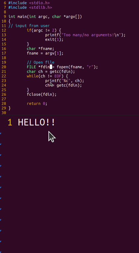 6 #include <stdio.h>
7 #include <stdlib.h>
8
9 int main(int argc, char *argv[])
10 {
11 // input from user
12
13
14
15
16
17
18
19
20
21
22
23
24
25
26
2222939
27
28
29 }
30
1
if(argc != 2) {
printf("Too many/no arguments! \n");
exit(1);
}
char *fname;
fname = argv[1];
// Open file
FILE *fdin = fopen(fname, "r");
char ch = getc (fdin);
while(ch != EOF) {
printf("%c", ch);
ch getc (fdin);
fclose(fdin);
return 0;
1 HELLO!!