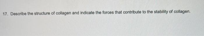 17. Describe the structure of collagen and indicate the forces that contribute to the stability of collagen.
