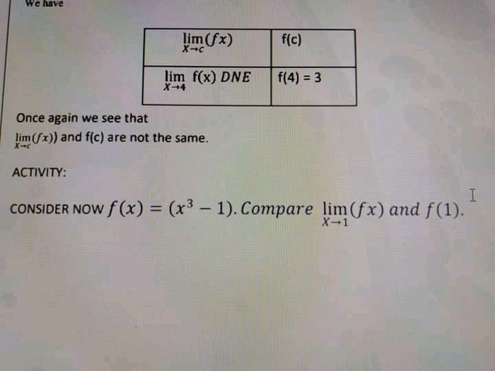 We have
lim (fx)
f(c)
lim f(x) DNE
X-4
f(4) = 3
Once again we see that
lim (fx)) and f(c) are not the same.
ACTIVITY:
CONSIDER NOW f (x) = (x³ – 1). Compare lim (fx) and f(1).
%3D
|
X-1
