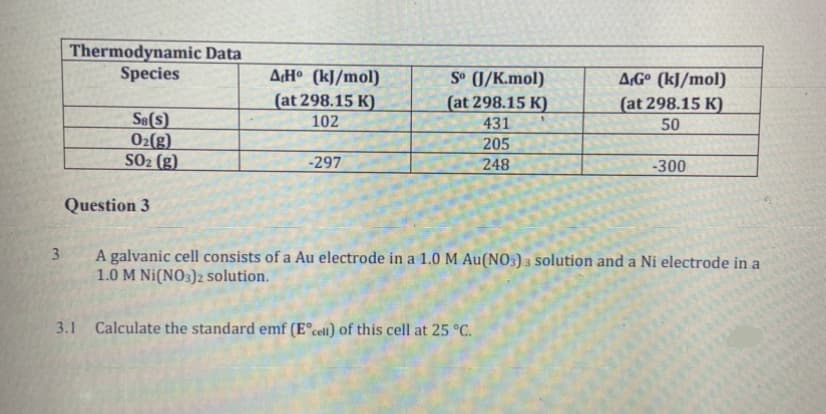 Thermodynamic Data
Species
AH° (kJ/mol)
S° (J/K.mol)
(at 298.15 K)
AG° (kJ/mol)
(at 298.15 K)
50
(at 298.15 K)
Se(s)
02(g)
SO2 (g)
102
431
205
-297
248
-300
Question 3
A galvanic cell consists of a Au electrode in a 1.0 M Au(NO3) 3 solution and a Ni electrode in a
1.0 M Ni(NO3)2 solution.
3
3.1 Calculate the standard emf (E°cell) of this cell at 25 °C.
