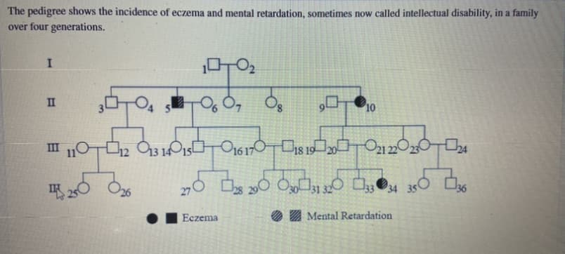 The pedigree shows the incidence of eczema and mental retardation, sometimes now called intellectual disability, in a family
over four generations.
II
10
II
Eczema
O Z Mental Retardation
