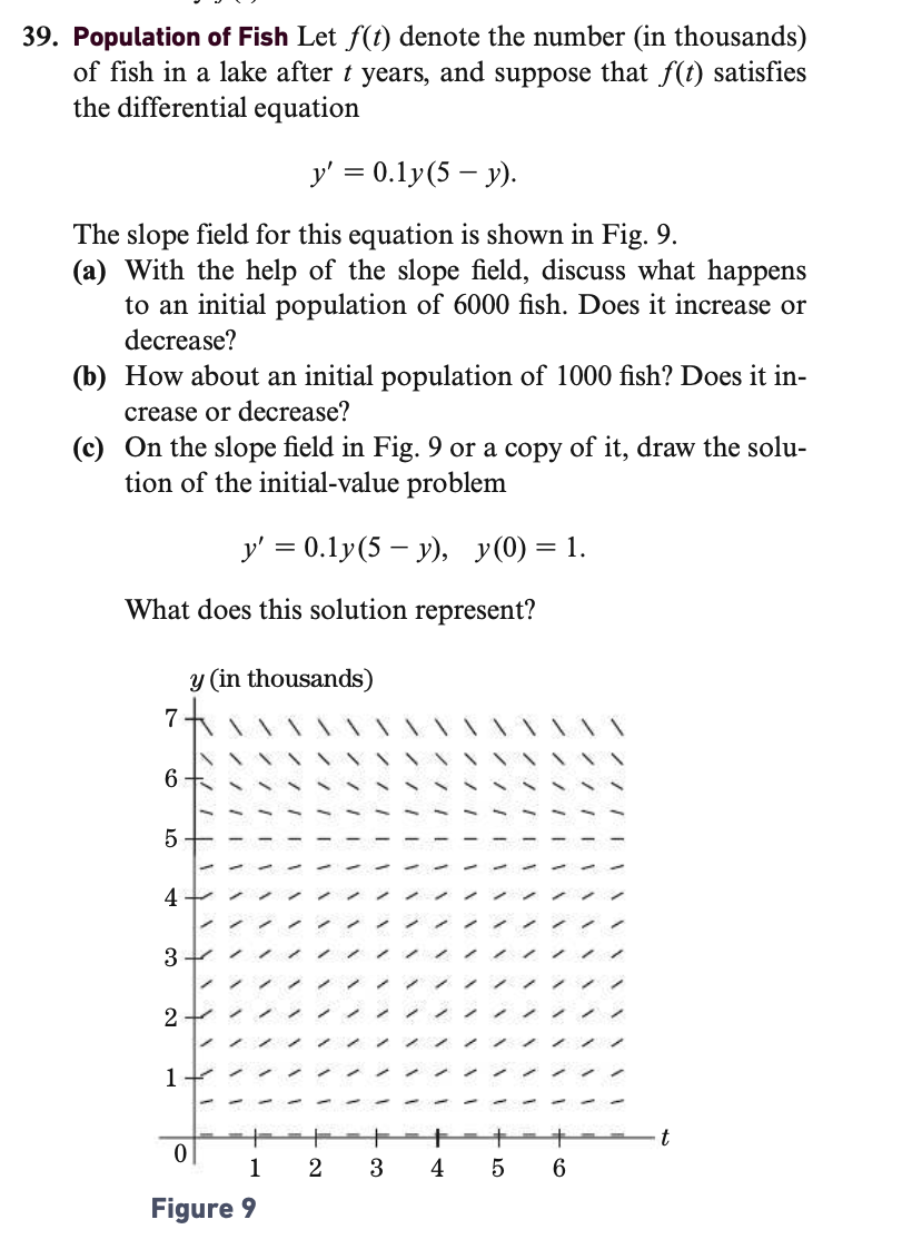 39. Population of Fish Let f(t) denote the number (in thousands)
of fish in a lake after t years, and suppose that f(t) satisfies
the differential equation
y' = 0.1y(5 y).
The slope field for this equation is shown in Fig. 9.
(a) With the help of the slope field, discuss what happens
to an initial population of 6000 fish. Does it increase or
decrease?
(b) How about an initial population of 1000 fish? Does it in-
crease or decrease?
(c) On the slope field in Fig. 9 or a copy of it, draw the solu-
tion of the initial-value problem
What does this solution represent?
y (in thousands)
6
5
4
3
2
y' = 0.1y(5-y), y(0) = 1.
1
0
1
Figure 9
2
. ܠܐ
3 4
·10
5
6
t