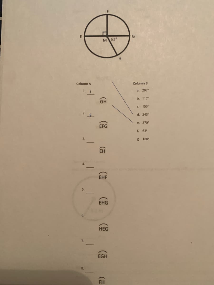 M 63°
H.
Column A
Column B
а. 297°
b. 117°
GH
с. 153°
d. 243°
e. 270°
EFG
f. 63°
3.
g. 180°
ЕН
ЕHF
5.
ЕHG
6.
НEG
7.
EGH
FH
(孟
