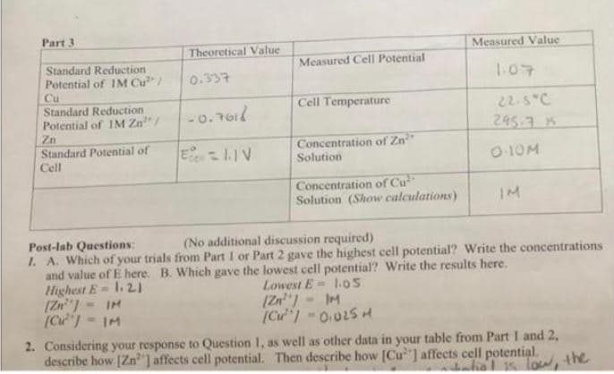 Part 3
Standard Reduction
Potential of IM Cu" /
Cu
Standard Reduction
Potential of IM Zn/
Zn
Standard Potential of
Cell
Theoretical Value
0.337
-0.7618
EIIV
Measured Cell Potential
Cell Temperature
Concentration of Zn²
Solution
Concentration of Cu
Solution (Show calculations)
Measured Value
1.07
22.5°C
295.7 15
0-10M
Post-lab Questions:
(No additional discussion required)
I. A. Which of your trials from Part 1 or Part 2 gave the highest cell potential? Write the concentrations
and value of E here. B. Which gave the lowest cell potential? Write the results here.
Highest E= 1.21
Lowest E= 1.05
[Zn"]
[Zn¹"]
[Cu] = IM
[Cu]=0.025 H
2. Considering your response to Question 1, as well as other data in your table from Part 1 and 2,
describe how [Zn³] affects cell potential. Then describe how [Cu] affects cell potential.
station is low, the